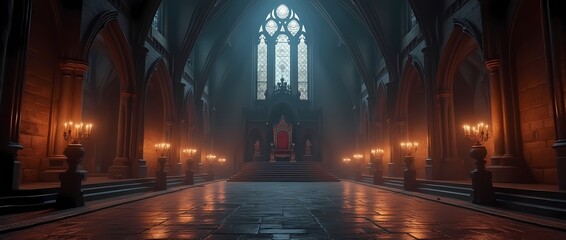 Majestic Gothic fantasy castle hall with throne and torches
