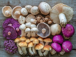 A variety of colorful mushrooms arranged on a wooden surface.