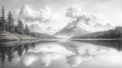 Serene lake reflecting snow-capped mountains.