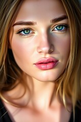 Close-Up Portrait of a Young Woman with Striking Blue Eyes and Glossy Lips