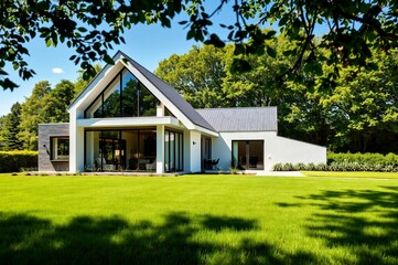 Obraz premium Modern Architectural House Surrounded by Lush Green Landscape