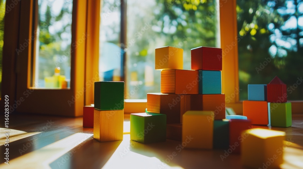 Aufkleber An imaginative block-building session in a sunlit room, Colorful blocks arranged in whimsical patterns, Modern artistic style