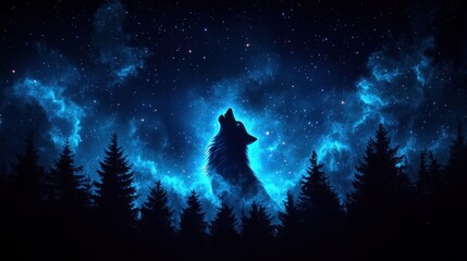 Howling wolf silhouetted against a vibrant, starry night sky.