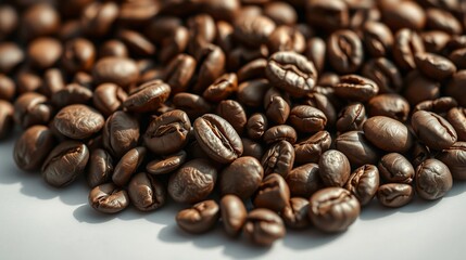 Obraz premium Close-Up of Glossy Roasted Coffee Beans in Various Sizes and Textures