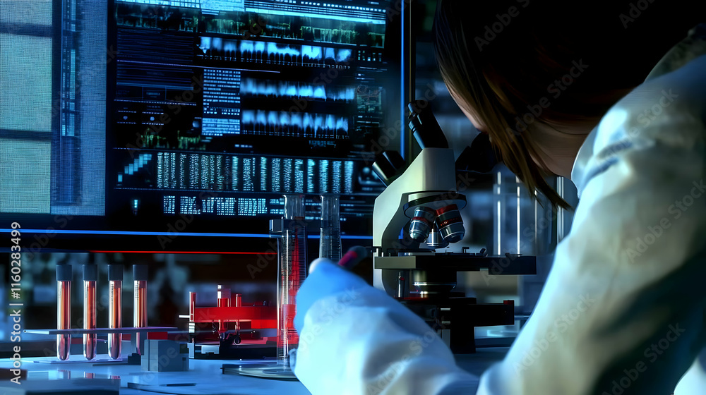 Poster a scientist examines samples under a microscope in a modern laboratory setting.