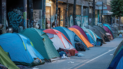 A row of tents in various colors set up along a graffiti-lined street, illuminated by ambient lighting, with personal belongings scattered around, depicting an urban homeless encampment.