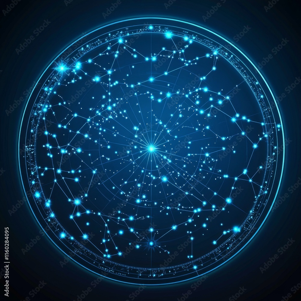 Poster abstract circular constellation map with glowing stars and lines.