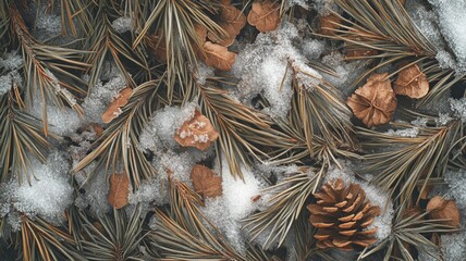 Winter Pine Needles Snow And Fallen Leaves