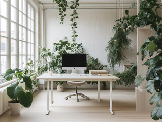Fototapeta premium The backdrop is an inspiring minimalist Scandinavian office design featuring ample natural light, contemporary furnishings and lush greenery for a serene workspace.