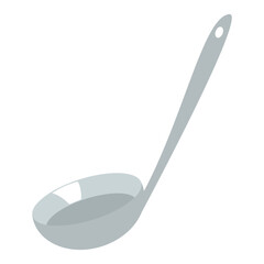 Gray ladle with a long handle and a deep bowl, featuring a hole at the end of the handle for hanging. Ideal for serving soups, stews, and liquid-based dishes