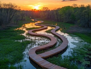Scenic winding boardwalk through wetlands at sunset nature photography serene environment aerial perspective