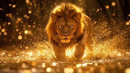 Majestic lion emerging from golden light portal in celestial nature landscape captivating wildlife photography