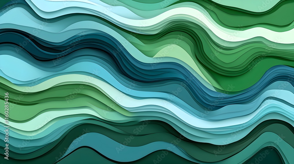 Poster flowing waves of green and blue abstract art digital creation modern design dynamic environment
