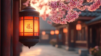 Illuminated lantern hanging near cherry blossoms in Asian village.