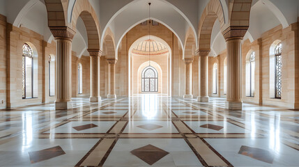 Fototapeta premium Elegant Grand Hallway with Spacious Columns and Expansive Marble Floor : Generative AI