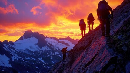 Mountain climbers ascending rocky terrain at sunset adventure photography natural landscape epic view