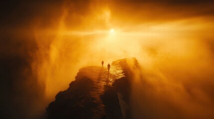 Fototapeta premium Hikers reaching mountain summit at golden hour scenic landscape nature photography majestic viewpoint