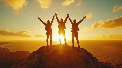 Hikers reaching mountain summit at golden hour scenic landscape outdoor adventure uplifting atmosphere