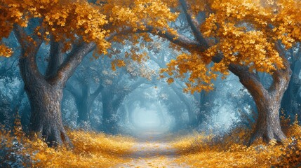 Fototapeta premium Autumn forest path with golden leaves and mystical fog enchanted landscape peaceful nature scene