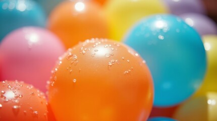A close-up of colorful water balloons filled with water