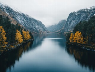 Serene aerial view of an alpine lake surrounded by snowy mountains nature photography scenic landscape