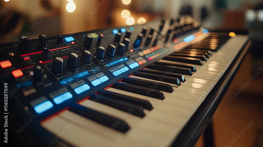 Poster a synthesizer keyboard with colorful controls and keys, used for music production.