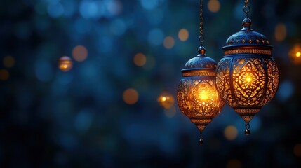Illuminated lanterns hanging against a bokeh background.