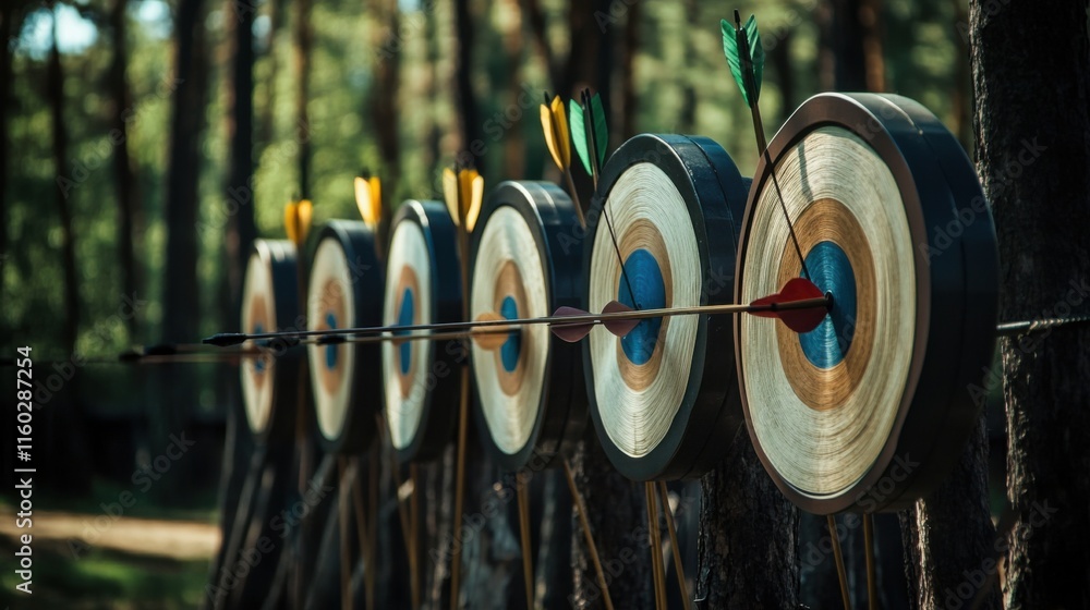 Poster an intricate archery range setup, bow and arrows neatly arranged against a forest backdrop, traditio