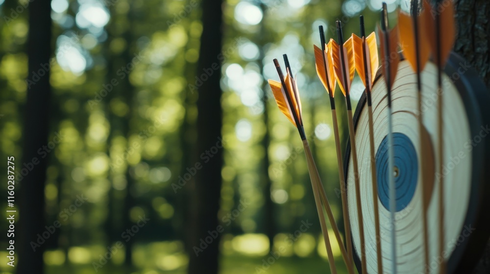 Poster An intricate archery range setup, Bow and arrows neatly arranged against a forest backdrop, Traditional craftsmanship style