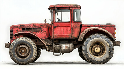 Obraz premium A vintage red tractor, weathered and rustic, showcasing agricultural machinery's history.
