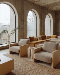 A Serene Modern Interior Design Featuring Cozy Wooden Furniture, Patterned Armchairs, And Large Arched Windows That Create A Warm Ambiance And Inviting Space.