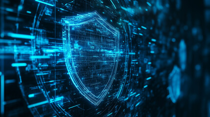 Obraz premium Computer screen with blue light shining on it. Cybersecurity, infographics, internet, protection sign, shield, hacking, criminals. Sign with a shield for hackers lifestyle and criminals. Hacking.