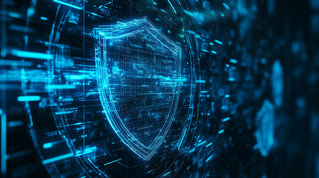 Computer screen with blue light shining on it. Cybersecurity, infographics, internet, protection sign, shield, hacking, criminals. Sign with a shield for hackers lifestyle and criminals. Hacking.
