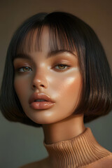 young woman with a straight short bob haircut and glowing skin in mocha brown color, 2025