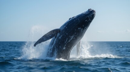 Fototapeta premium A stunning close-up of a whale breaching the surface of the ocean, capturing the powerful moment as water splashes around it, showcasing the beauty of marine life