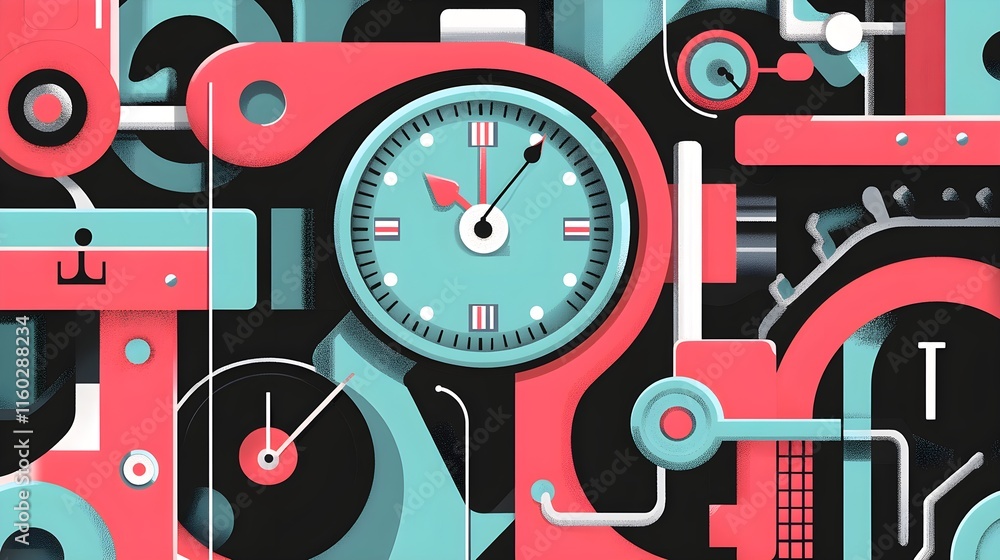 Poster mechanisms of timekeeping abstract clock design digital art colorful background modern aesthetic