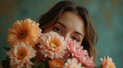 Fototapeta premium A woman’s face partially hidden behind a bouquet of flowers