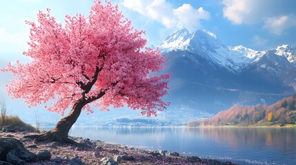 A magnificent and beautiful cherry blossom tree standing alone, with beautiful mountain and lake...