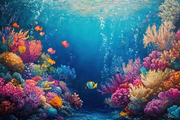 Naklejka premium Vibrant Coral Reef with Colorful Fish and Bubbles