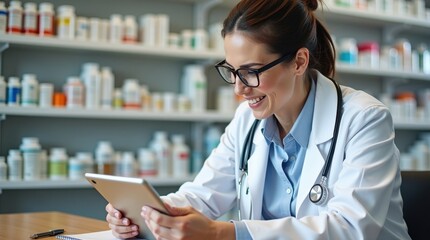 Healthcare professional engaging with digital technology in pharmacy clinical environment optimized patient care
