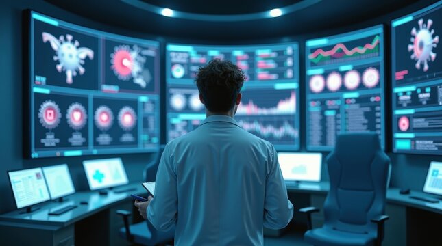 Monitoring covid-19 data trends health analytics center infographic dashboard digital environment back view data visualization - Powered by Adobe