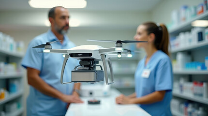 Drone delivery in pharmacy healthcare setting action scene indoor environment professional perspective for efficient logistics