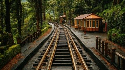 Fototapeta premium Scenic overhead view of railway track cutting through dense forest tranquil nature landscape aesthetic photography