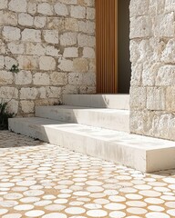 A sleek and inviting entrance with smooth concrete steps, warming wooden door, and rustic stone wall, creating a harmonious blend of modern and natural aesthetics.