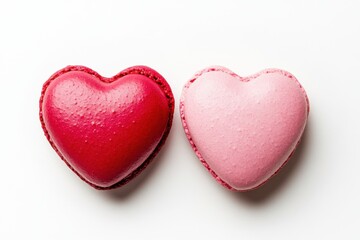 A pair of heart-shaped macarons in pink and red tones, placed side by side on a white background