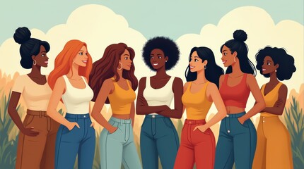 Obraz premium Illustration of diverse women standing together outdoors in bold colors, confidently expressing unity, strength, and empowerment in a feminist context