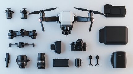 Obraz premium Drone, camera, and accessories flat lay.