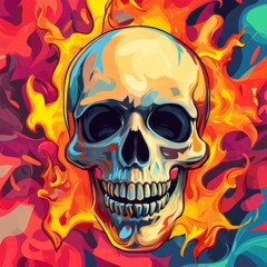 Colorful skull engulfed in vibrant flames.