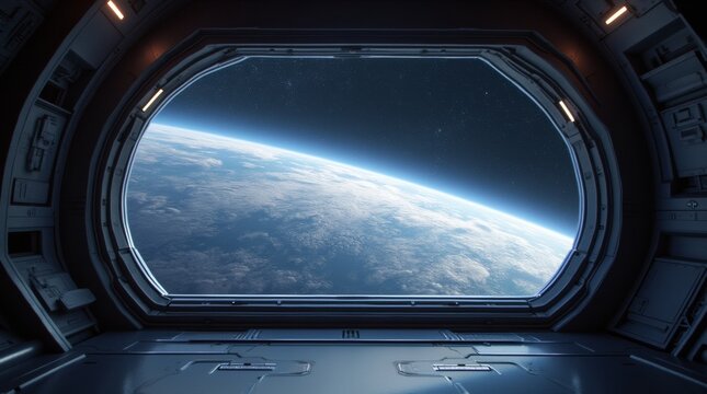 Interior of a spaceship with a large window overlooking Earth and stars.