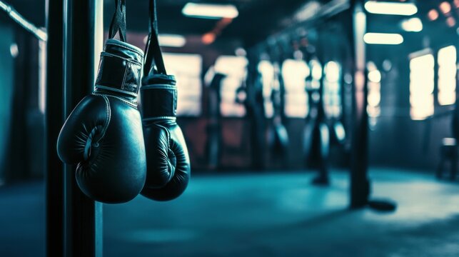 An invigorating boxing gym with gloves and punching bags, Boxing equipment arranged in a motivational setup, Athletic training style